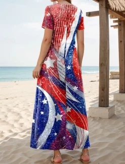 Women's Patriotic Maxi Dress T Shirt Dress Tee Dress Sundress Casual Butterfly Sleeve Beach Regular Fit Graphic Stars and Stripes Short Sleeve Crewneck Red Blue