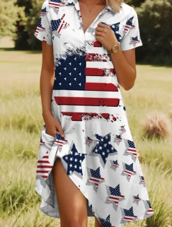 Women's Patriotic Midi Dress A Line Dress Vacation Casual Beach Daily Beach Regular Fit Graphic Stars and Stripes Short Sleeve V Neck Red Blue Purple Green Summer
