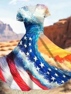 Women's Patriotic Midi Dress Dress Fit And Flare Dress Party Casual Daily Holiday Graphic Flag Stars and Stripes Short Sleeve V Neck Royal Blue Blue Dark Blue