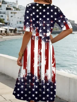 Women's Patriotic Midi Dress Summer Dress Pleated Dress Vacation Casual Holiday Loose Fit Graphic Striped American Flag Half Sleeve Crew Neck Red Blue Dark Blue Summer