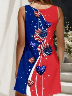 Women's Patriotic Mini Dress Petite Dress Sundress A Line Dress Tank Dress Casual Vacation Daily Holiday Loose Fit Heart Rose Flag Sleeveless Crew Neck Red