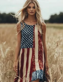 Women's Patriotic Mini Dress Sundress A Line Dress Off The Shoulder Dress Vacation Casual Boho Party Loose Fit Graphic Flag Geometric Sleeveless U Neck Red Summer