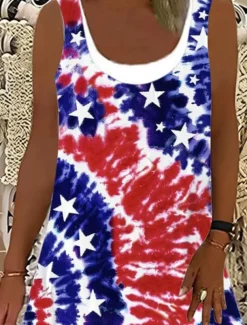 Women's Patriotic Mini Dress T Shirt Dress Tee Dress Sundress A Line Dress Vacation Casual Boho Daily Going out Loose Fit Graphic Flag Tie Dye Sleeveless U Neck Red