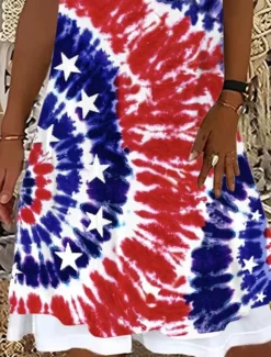 Women's Patriotic Mini Dress T Shirt Dress Tee Dress Sundress A Line Dress Vacation Casual Boho Daily Going out Loose Fit Graphic Flag Tie Dye Sleeveless U Neck Red