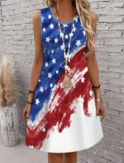 Women's Patriotic Mini Dress A Line Dress Summer Dress Off The Shoulder Dress Vacation Casual Daily Regular Fit Graphic Flag Sleeveless U Neck Red Summer