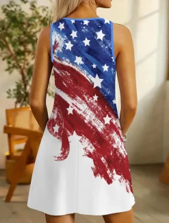 Women's Patriotic Mini Dress A Line Dress Summer Dress Off The Shoulder Dress Vacation Casual Daily Regular Fit Graphic Flag Sleeveless U Neck Red Summer