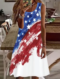 Women's Patriotic Mini Dress A Line Dress Summer Dress Off The Shoulder Dress Vacation Casual Daily Regular Fit Graphic Flag Sleeveless U Neck Red Summer