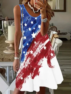 Women's Patriotic Mini Dress A Line Dress Summer Dress Off The Shoulder Dress Vacation Casual Daily Regular Fit Graphic Flag Sleeveless U Neck Red Summer