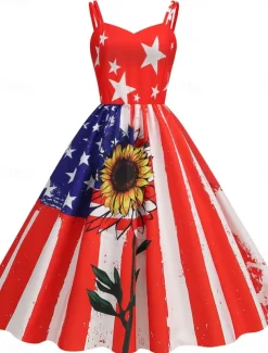 Women's Patriotic Mini Dress A Line Dress Slip Dress Off The Shoulder Dress Casual Outdoor Going out Regular Fit American Flag Sleeveless Spaghetti Strap