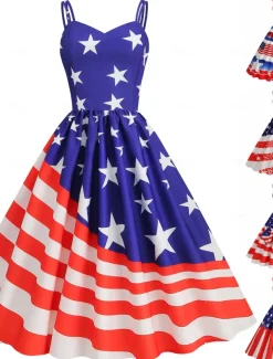 Women's Patriotic Mini Dress A Line Dress Slip Dress Off The Shoulder Dress Casual Outdoor Going out Regular Fit American Flag Sleeveless Spaghetti Strap
