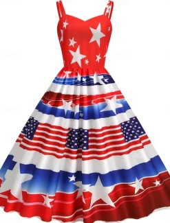 Women's Patriotic Mini Dress A Line Dress Slip Dress Off The Shoulder Dress Casual Outdoor Going out Regular Fit American Flag Sleeveless Spaghetti Strap