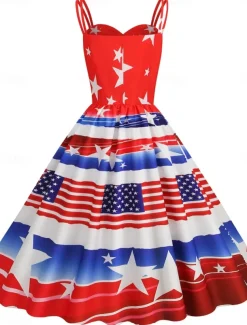 Women's Patriotic Mini Dress A Line Dress Slip Dress Off The Shoulder Dress Casual Outdoor Going out Regular Fit American Flag Sleeveless Spaghetti Strap