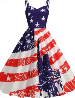 Women's Patriotic Mini Dress A Line Dress Slip Dress Off The Shoulder Dress Casual Outdoor Going out Regular Fit American Flag Sleeveless Spaghetti Strap