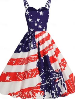 Women's Patriotic Mini Dress A Line Dress Slip Dress Off The Shoulder Dress Casual Outdoor Going out Regular Fit American Flag Sleeveless Spaghetti Strap