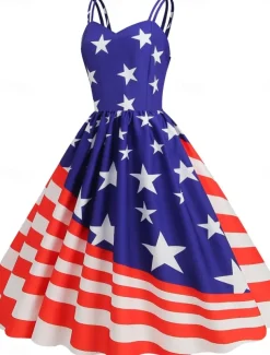 Women's Patriotic Mini Dress A Line Dress Slip Dress Off The Shoulder Dress Casual Outdoor Going out Regular Fit American Flag Sleeveless Spaghetti Strap
