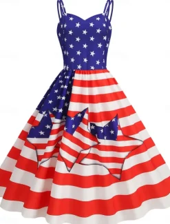 Women's Patriotic Mini Dress A Line Dress Slip Dress Off The Shoulder Dress Casual Outdoor Going out Regular Fit American Flag Sleeveless Spaghetti Strap