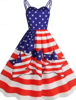 Women's Patriotic Mini Dress A Line Dress Slip Dress Off The Shoulder Dress Casual Outdoor Going out Regular Fit American Flag Sleeveless Spaghetti Strap