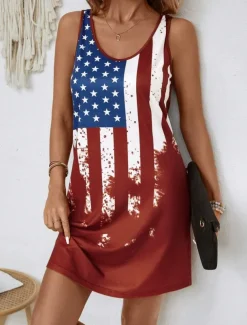 Women's Patriotic Mini Dress A Line Dress Summer Dress Off The Shoulder Dress Vacation Casual Daily Regular Fit Graphic Flag Sleeveless U Neck Red Summer