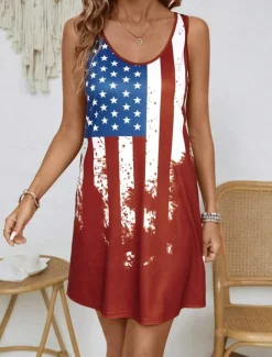Women's Patriotic Mini Dress A Line Dress Summer Dress Off The Shoulder Dress Vacation Casual Daily Regular Fit Graphic Flag Sleeveless U Neck Red Summer