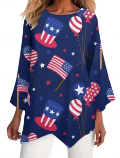 Women's Patriotic Shirt Flag Stylish Casual 3/4 Length Sleeve Crew Neck Regular Tops Daily Print White Red Navy Blue Blue Summer Spring