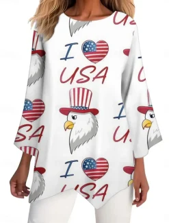 Women's Patriotic Shirt Flag Stylish Casual 3/4 Length Sleeve Crew Neck Regular Tops Daily Print White Red Navy Blue Blue Summer Spring