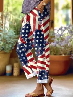 Women's Patriotic Skinny Vacation Vintage Stylish Full Length High Waist Pants Graphic Flag Printing Breathable Soft Red Dark navy Royal Blue Summer