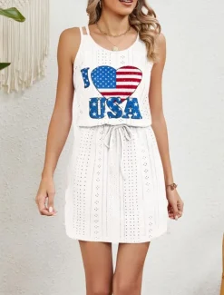 Women's Patriotic Swimwear Cover Up Swim Dress Swimsuit Cut Out Vacation Beach Wear Solid Color Round Neck Sleeveless Bathing Suits