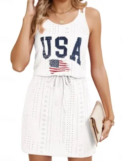 Women's Patriotic Swimwear Cover Up Swim Dress Swimsuit Cut Out Vacation Beach Wear Solid Color Round Neck Sleeveless Bathing Suits