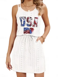 Women's Patriotic Swimwear Cover Up Swim Dress Swimsuit Cut Out Vacation Beach Wear Solid Color Round Neck Sleeveless Bathing Suits