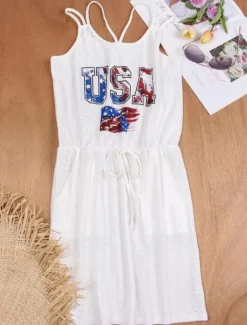 Women's Patriotic Swimwear Cover Up Swim Dress Swimsuit Cut Out Vacation Beach Wear Solid Color Round Neck Sleeveless Bathing Suits