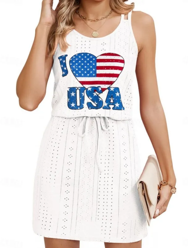 Women's Patriotic Swimwear Cover Up Swim Dress Swimsuit Cut Out Vacation Beach Wear Solid Color Round Neck Sleeveless Bathing Suits