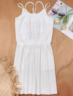 Women's Patriotic Swimwear Cover Up Swim Dress Swimsuit Cut Out Vacation Beach Wear Solid Color Round Neck Sleeveless Bathing Suits