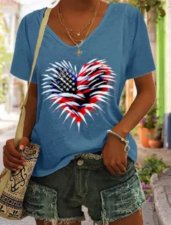 Women's Patriotic T Shirt Graphic Flag American Flag Vintage Stylish Classic Short Sleeve V Neck Regular Tops Daily Weekend Print Black White Red Blue Green