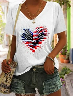 Women's Patriotic T Shirt Graphic Flag American Flag Vintage Stylish Classic Short Sleeve V Neck Regular Tops Daily Weekend Print Black White Red Blue Green