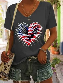 Women's Patriotic T Shirt Graphic Flag American Flag Vintage Stylish Classic Short Sleeve V Neck Regular Tops Daily Weekend Print Black White Red Blue Green