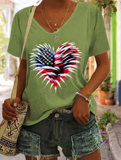 Women's Patriotic T Shirt Graphic Flag American Flag Vintage Stylish Classic Short Sleeve V Neck Regular Tops Daily Weekend Print Black White Red Blue Green