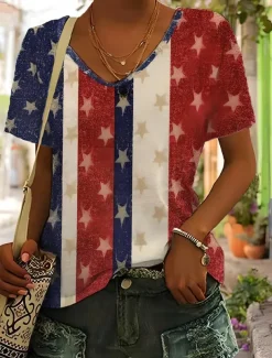 Women's Patriotic T Shirt Graphic American Flag Vintage Stylish Classic Short Sleeve V Neck Regular Tops Daily Weekend Print Blue Summer Spring
