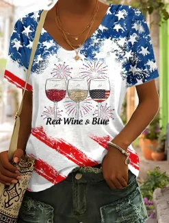Women's Patriotic T Shirt Graphic American Flag Vintage Stylish Classic Short Sleeve V Neck Regular Tops Daily Weekend Print Blue Summer Spring
