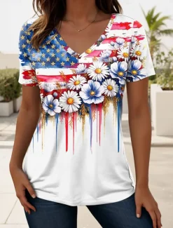 Women's Patriotic T Shirt Graphic American Flag Vintage Stylish Classic Short Sleeve V Neck Regular Tops Daily Weekend Print White Summer