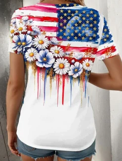 Women's Patriotic T Shirt Graphic American Flag Vintage Stylish Classic Short Sleeve V Neck Regular Tops Daily Weekend Print White Summer