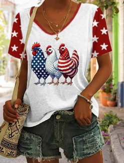 Women's Patriotic T Shirt Graphic Animal Flag Stylish Casual Short Sleeve V Neck Regular Tops Daily Print Black White Red Summer Spring