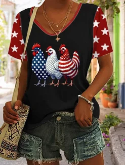 Women's Patriotic T Shirt Graphic Animal Flag Stylish Casual Short Sleeve V Neck Regular Tops Daily Print Black White Red Summer Spring