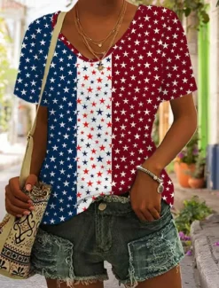 Women's Patriotic T Shirt Flag American Flag National Flag Casual Red White And Blue Short Sleeve Round Neck Regular Tops Daily Print Blue Summer