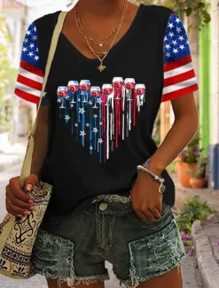 Women's Patriotic T Shirt Flag American Flag National Flag Casual Red White And Blue Short Sleeve Round Neck Regular Tops Daily Print Blue Summer