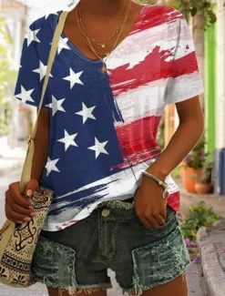 Women's Patriotic T Shirt Flag American Flag National Flag Casual Red White And Blue Short Sleeve Round Neck Regular Tops Daily Print Blue Summer