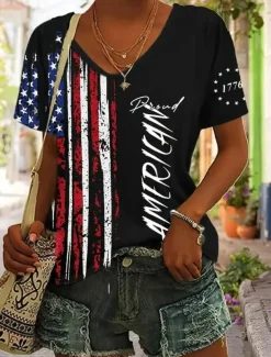 Women's Patriotic T Shirt Flag American Flag National Flag Casual Red White And Blue Short Sleeve Round Neck Regular Tops Daily Print Blue Summer