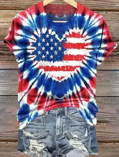 Women's Patriotic T Shirt Graphic Flag Vintage Stylish Classic Short Sleeve Crew Neck Regular Tops Daily Weekend Print Red Summer Spring