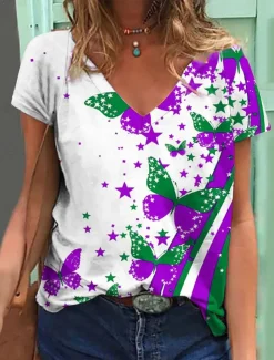 Women's Patriotic T Shirt Graphic Flag Butterfly Vintage Stylish Classic Short Sleeve V Neck Regular Tops Daily Print Red Purple Orange Summer Spring