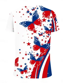 Women's Patriotic T Shirt Graphic Flag Butterfly Vintage Stylish Classic Short Sleeve V Neck Regular Tops Daily Print Red Purple Orange Summer Spring