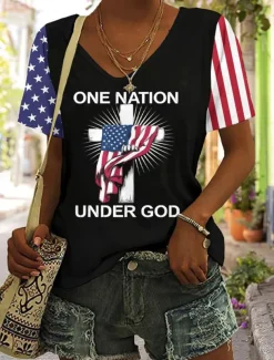 Women's Patriotic T Shirt Graphic Flag American Flag Vintage Fashion Hawaiian Short Sleeve V Neck Regular Tops Daily Going out Weekend Print Black Red Summer Spring